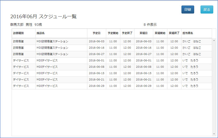 介護スケジュール一覧